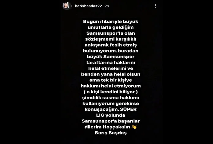 Barış Başdaş Samsunspor’dan ayrıldı